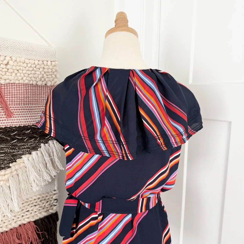 Tory Burch Amelia Navy Blue Multicolor Stripe Ruffled Wrap Blouse Top Sz 8